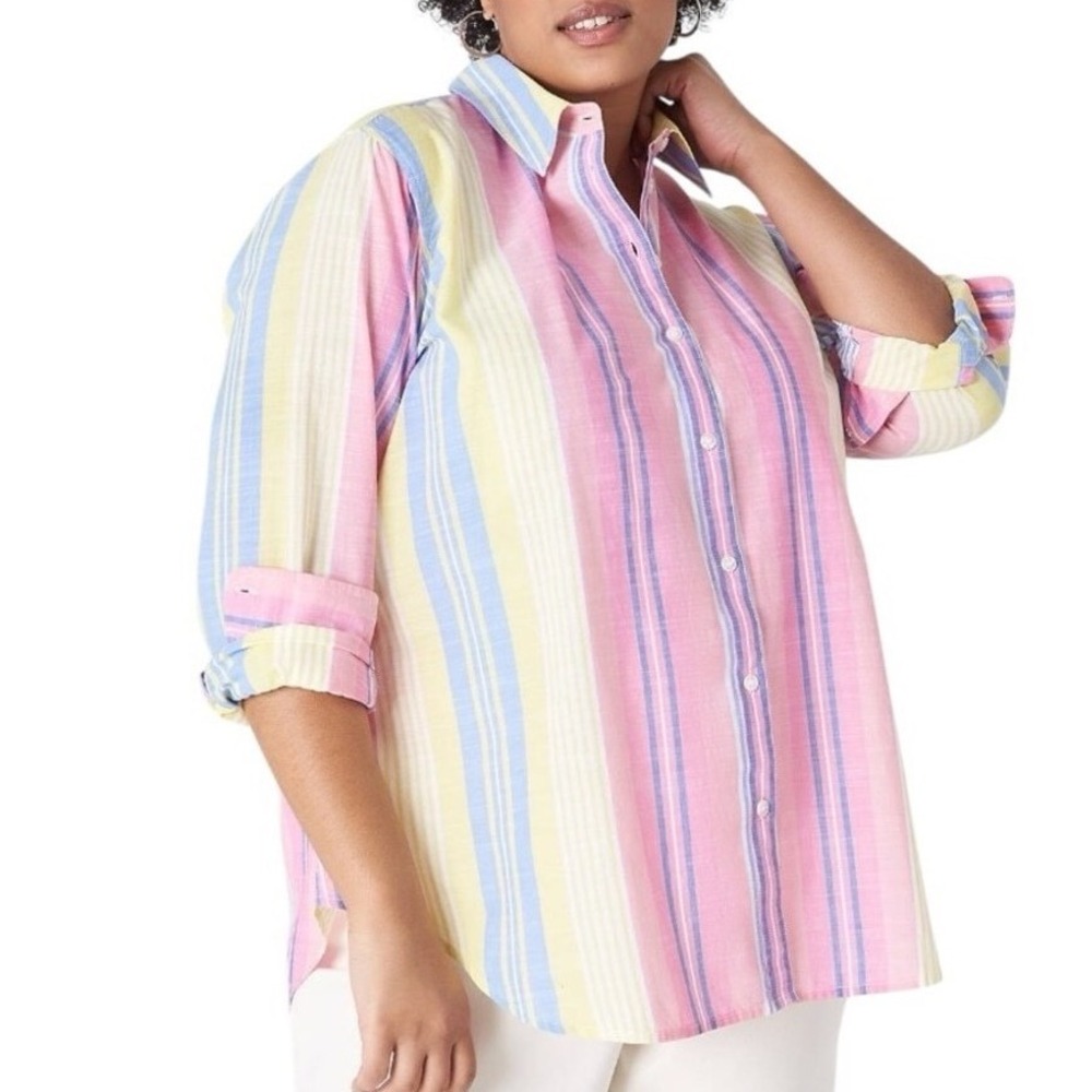 Lane Bryant Striped Long-Sleeve Button-Down Soft Shirt Size 14/16 Rainbow